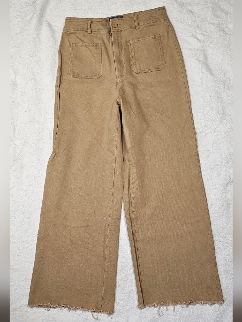 Hudson Gray High Rise Wide Leg Pants Large Tan Stretch Raw Hem